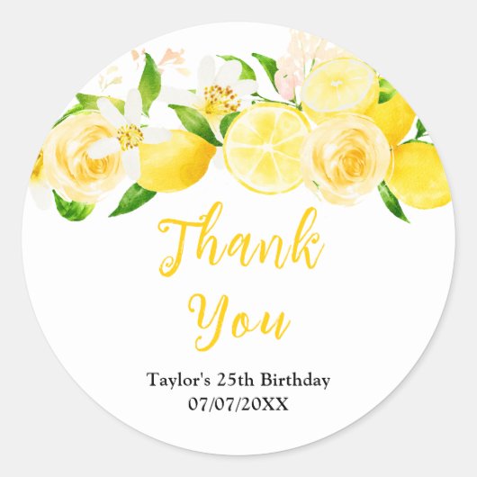 Lemons and Foliage Birthday Party Thank You Runder Aufkleber (Vorderseite)
