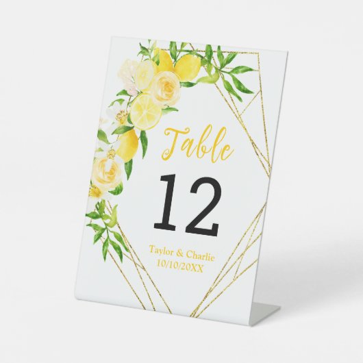 Lemons and Foliage Wedding Table Number Sockelschild (Vorderseite)