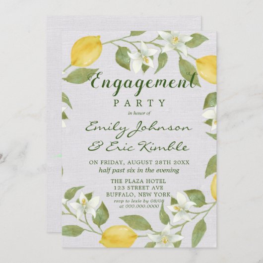 Lemons and Linen Watercolor Engagement Party Einladung (Vorne/Hinten)