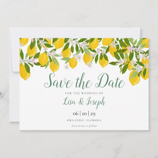 Lemons Blossom Elegantes Skript Save The Date (Vorderseite)