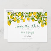 Lemons Blossom Elegantes Skript Save the Date Ankündigungspostkarte (Vorne/Hinten)