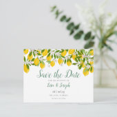 Lemons Blossom Elegantes Skript Save the Date Ankündigungspostkarte (Stehend Vorderseite)