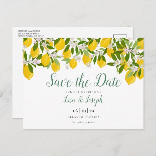 Lemons Blossom Elegantes Skript Save the Date Postkarte (Vorne/Hinten)