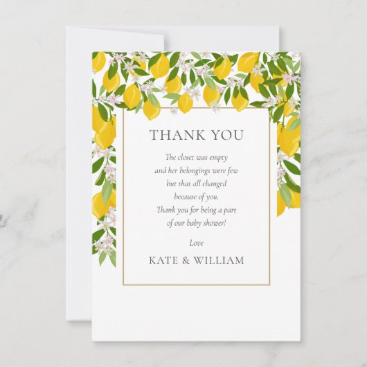 Lemons Blossom Greenerenery Baby Shower Gedicht Dankeskarte (Vorderseite)