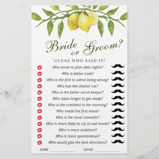 Lemons Blossom Greenerity Chic Brautparty Game (Vorderseite)