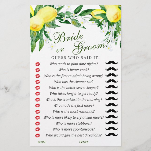 Lemons Blossom Greenerity Chic Brautparty Game (Vorderseite)