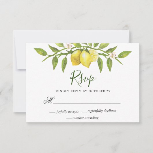 Lemons Blossom Greenerity Wedding RSVP Card Karte (Vorderseite)