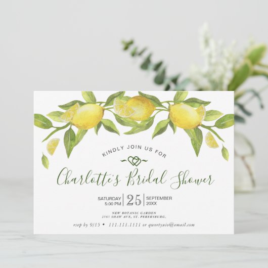 Lemons Blossom Greenery Bri Greenery Brautparty Einladung (Stehend Vorderseite)