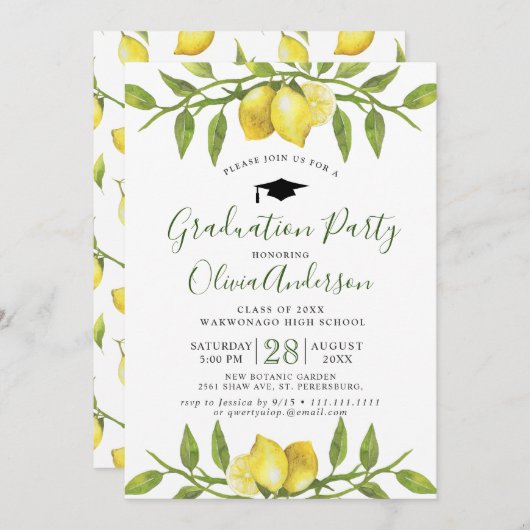 Lemons Blossom Greenery Chic Graduation Party Einladung (Vorne/Hinten)