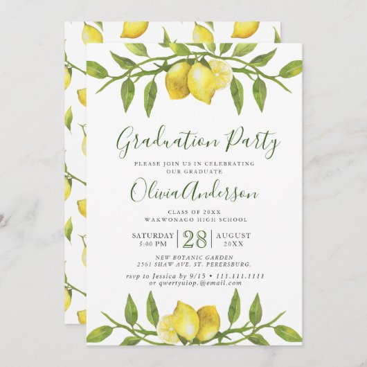 Lemons Blossom Greenery Chic Graduation Party Einladung (Vorne/Hinten)