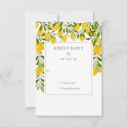 Lemons Blossom Greenery Gold Geometric Wedding RSVP Karte (Vorderseite)