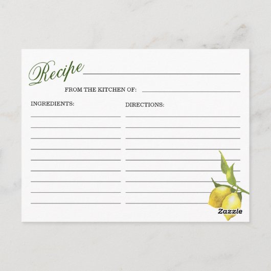Lemons Blossom Grüne Brautparty Rezept Karte (Rückseite)