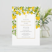 Lemons Blossom Grüne Gold Taufe Christening Einladung (Stehend Vorderseite)