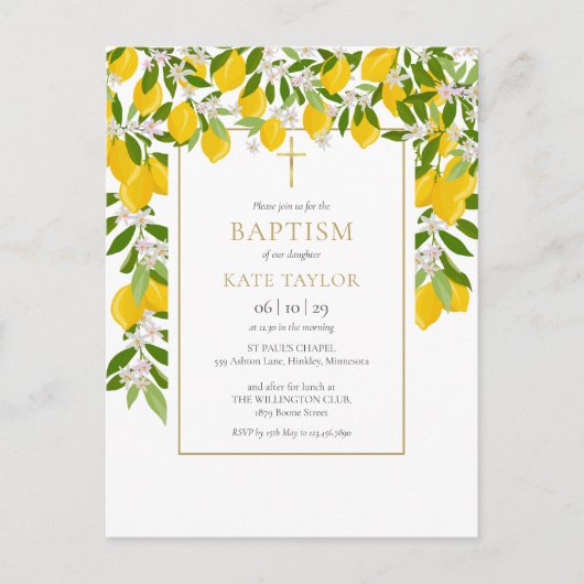 Lemons Blossom Grüne Taufe Christening Einladungspostkarte (Vorderseite)