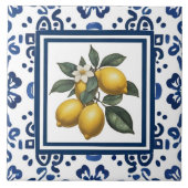Lemons Blue and White Tribal Folk Art Pattern Fliese (Vorderseite)