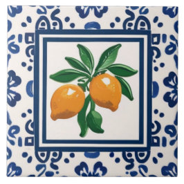 Lemons Blue and White Tribal Folk Art Pattern Fliese