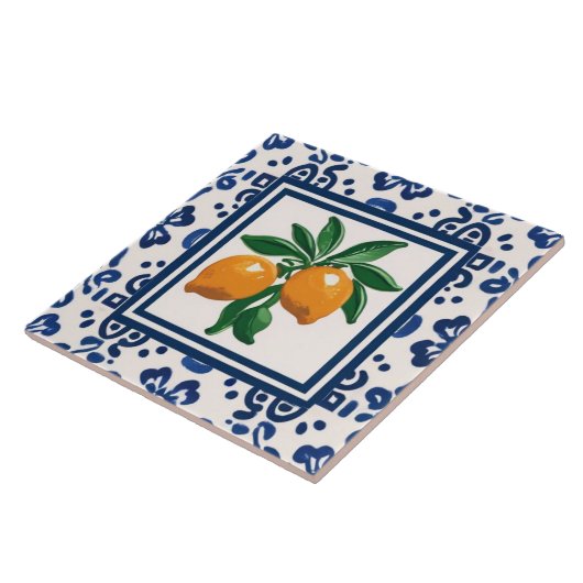 Lemons Blue and White Tribal Folk Art Pattern Fliese (Seite)