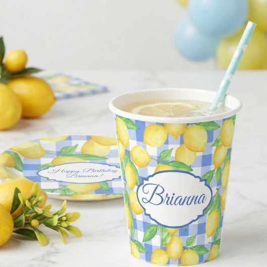 Lemons & Blue Gingham Personalisiert Glass Pappbecher