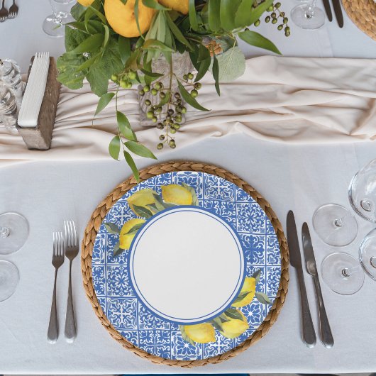Lemons & Blue Mediterrane Tile Polterabend Pappteller