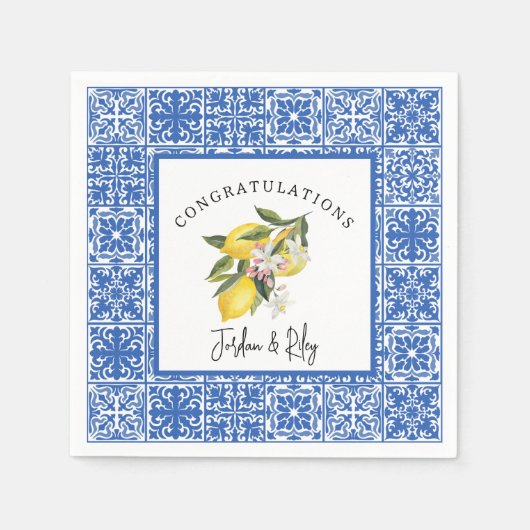 Lemons & Blue Mediterrane Tile Polterabend Serviette (Vorderseite)