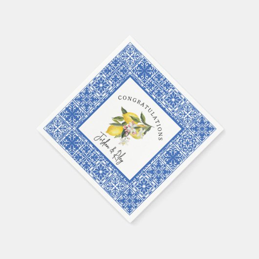 Lemons & Blue Mediterrane Tile Polterabend Serviette (Ecke)