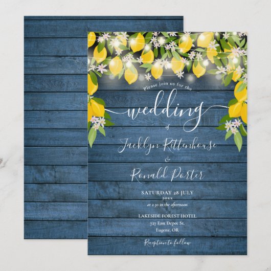 Lemons Blue Rustic Holz String Lights Hochzeit Einladung (Vorne/Hinten)