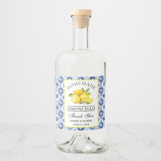 Lemons Blue Tile Limoncello Alkoholflaschenetikett (Vorderseite)