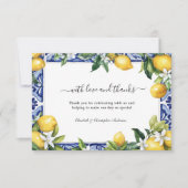 Lemons Blue White Tile Mediterranean Wedding Dankeskarte (Vorderseite)