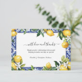 Lemons Blue White Tile Mediterranean Wedding Dankeskarte (Stehend Vorderseite)