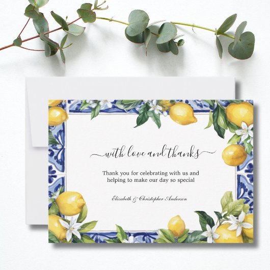 Lemons Blue White Tile Mediterranean Wedding Dankeskarte