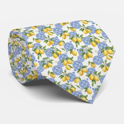 Lemons Blue White Tile Mediterranean Wedding Groom Krawatte (Gerollt)