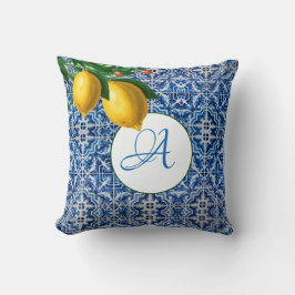 Lemons Blue White Tile Summer Monogram Kissen