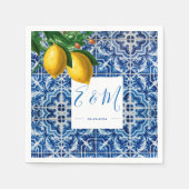 Lemons Blue White Tile Summer Monogram Serviette (Vorderseite)