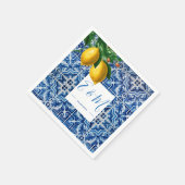 Lemons Blue White Tile Summer Monogram Serviette (Ecke)