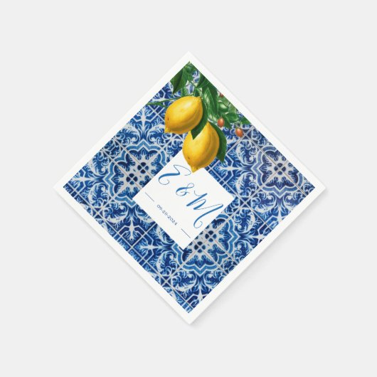 Lemons Blue White Tile Summer Monogram Serviette (Ecke)