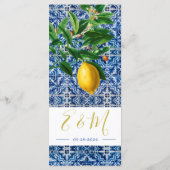Lemons Blue White Tiles Summer Monogram Menükarte (Rückseite)