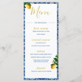 Lemons Blue White Tiles Summer Monogram Menükarte (Vorderseite)