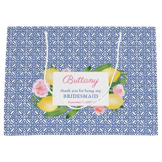 Lemons Blue White Tiles Trauzeugin Danke Große Geschenktüte (Vorderseite)