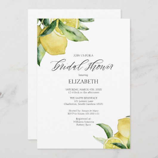 Lemons Bridal Dusche Einladung Wasserfarbe (Vorne/Hinten)