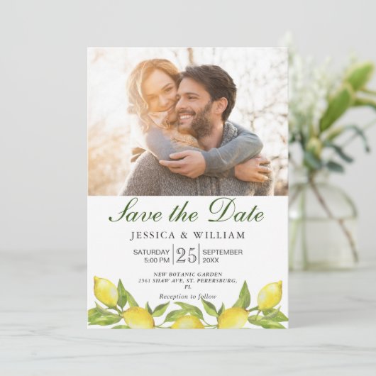 Lemons Chic Foto Hochzeit Speichern Sie das Datum Dankeskarte (Stehend Vorderseite)