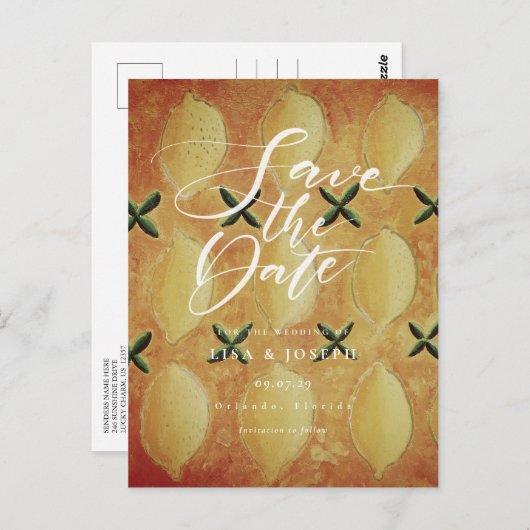 Lemons Country Script Save the Date Postkarte (Vorne/Hinten)
