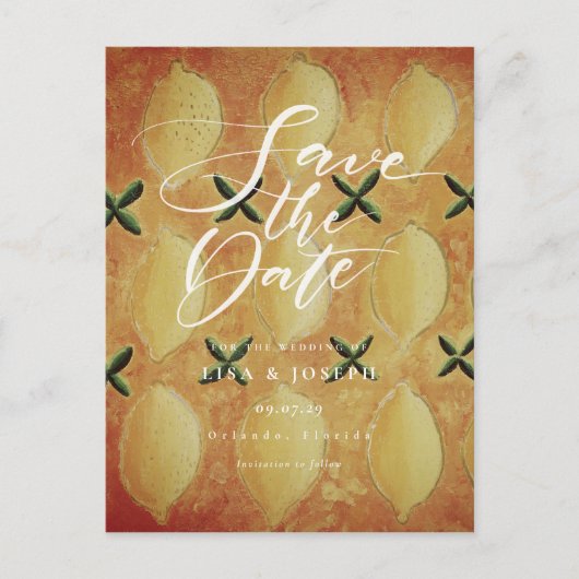 Lemons Country Script Save the Date Postkarte (Vorderseite)
