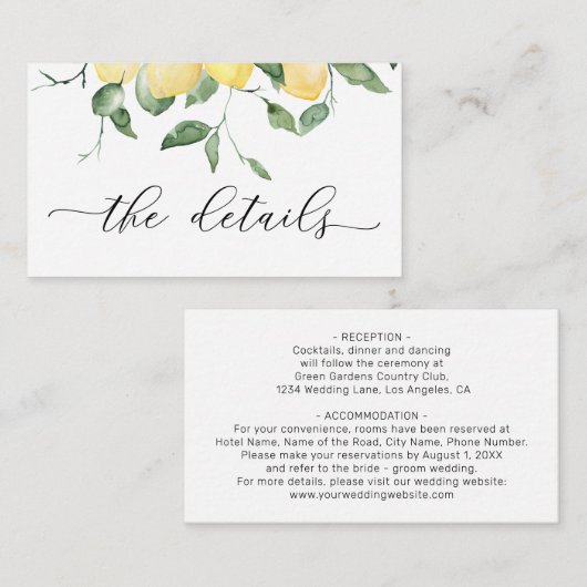 Lemons Elegantes Wasserfarben Hochzeitdetails Begleitkarte (Vorne/Hinten)