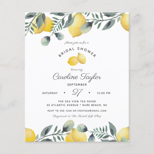 Lemons Eucalyptus Budget Bridal Dusche Einladung (Vorderseite)