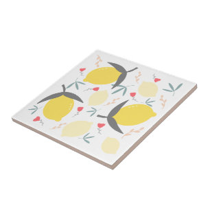 Lemons Floral Botanische Rote Blume Blätter Muster Fliese