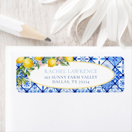 Lemons Floral Italian Blue Tile Rücksendeadresse (Insitu)