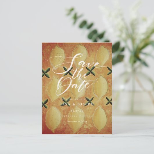 Lemons Fruit Country Skript Save the Date Ankündigungspostkarte (Stehend Vorderseite)
