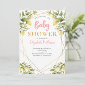 Lemons Geometric Frame Pink Girl Baby Dusche Einladung (Stehend Vorderseite)