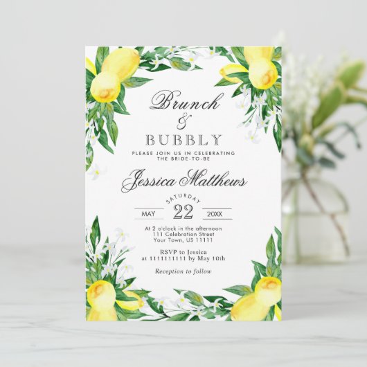 Lemons Greenery Blossom Brunch & Bubbly Einladung (Stehend Vorderseite)