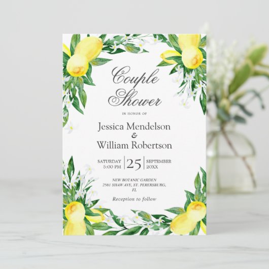 Lemons Greenery Blossom Couple Dusche Einladung (Stehend Vorderseite)